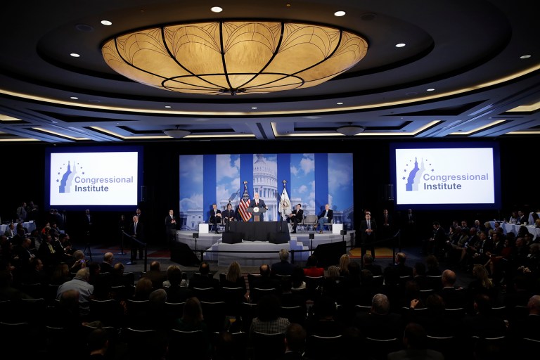 While the GOP retreat leaker has not been identified, retreat organizers told Republicans last week that a woman who falsely claimed to be the wife of a Republican lawmaker entered the event on the day President Trump, Vice President Pence, and British Prime Minister Theresa May appeared. (AP Photo/Matt Rourke)