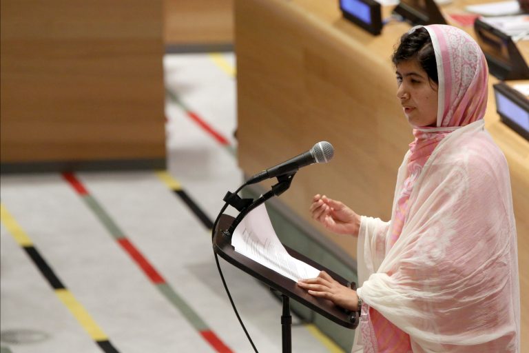 Malala Yousafzai, a Pakistani teenager shot by the Taliban for promoting education for girls, celebrated her 16th birthday by addressing the United Nations. (AP Photo/Mary Altaffer)