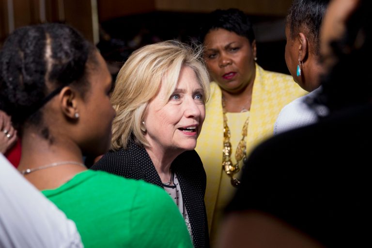Democratic candidate Hillary Clinton greets supporters on June 23, 2015 at Christ the King United Church of Christ in Florissant, Missouri. Clinton's visit to the St. Louis suburb neighboring Ferguson, Missouri focused on racial issues. (Photo by Whitney Curtis/Getty Images)