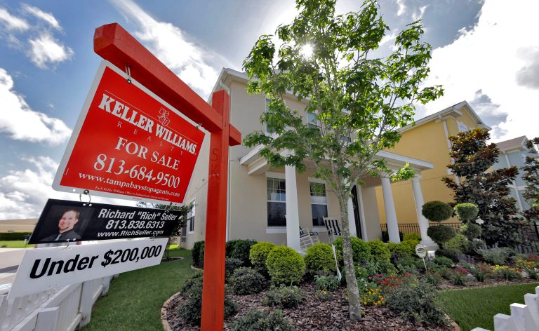 FILE - This May 14, 2014 file photo shows a new home for sale in the Winthrop subdivision in Riverview, Fla. The Commerce Department on new home sales in July on Monday, Aug. 25, 2014. (AP Photo/Chris O'Meara, File)