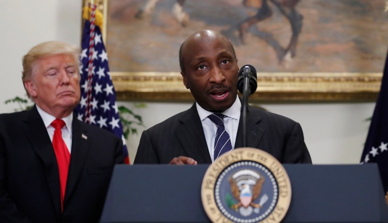 Ken Frazier, chairman and chief executive officer of Merck, is leaving President Trump's American Manufacturing Council because of how Trump responded to the weekend violence in Charlottesville, Va. (AP Photo/Alex Brandon)