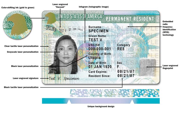 This image released by USCIS shows a sample of the front of the redesigned green card carried by foreign-born residents living permanently in the U.S. (AP Photo/USCIS)