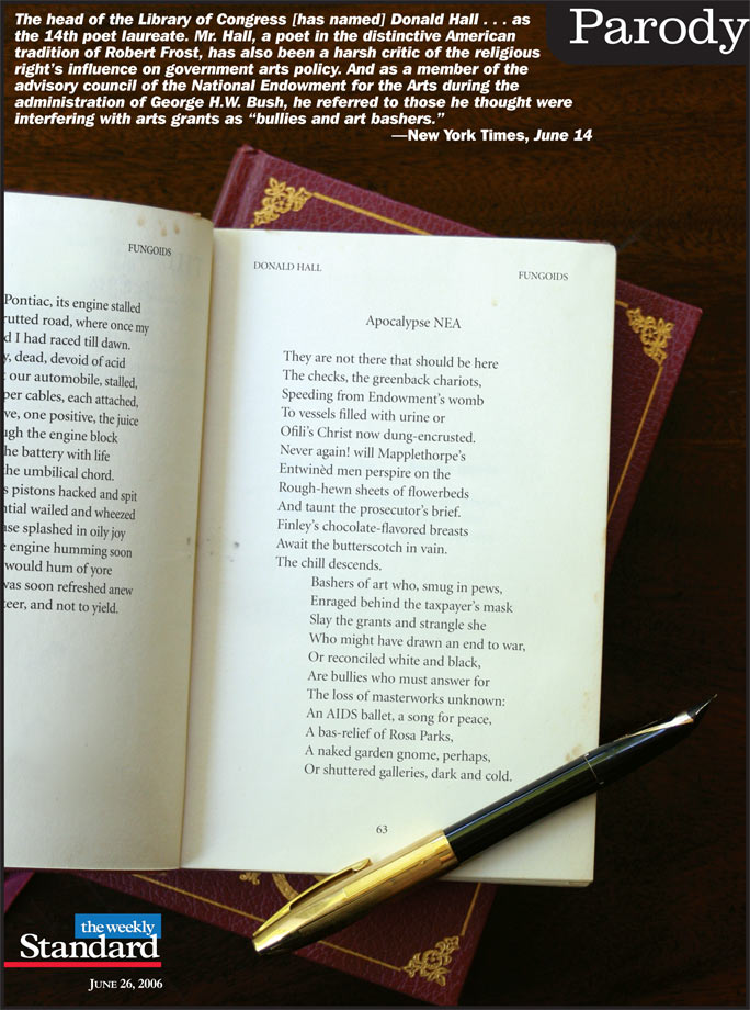 “Apocalypse NEA” by Donald Hall, poet laureate.