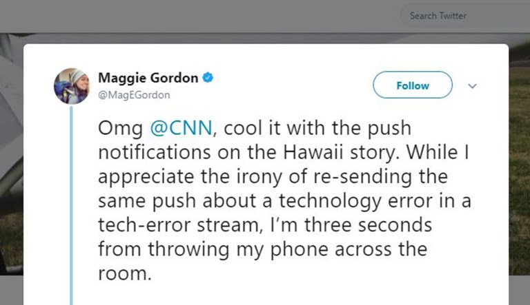 After users of CNN's app received dozens of push notifications for an updated story on the false ballistic missile alert in Hawaii,
			many Twitter users wondered what was happening, noted the irony, and made fun of the cable news network. (Screenshot via Twitter)