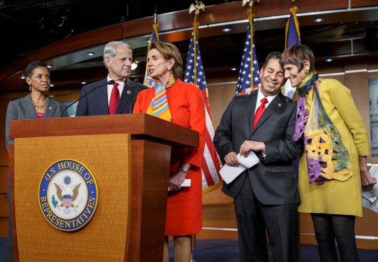 House Minority Leader Nancy Pelosi, D-Calif., center, announces her choice of Rep. Ben Ray Lujan, D-N.M., second from right, to take over as head of the Democratic Congressional Campaign Committee from Rep. Steve Israel, D-N.Y., second from left, during a news conference at the Capitol in Washington, Monday, Nov. 17, 2014. (AP Photo/J. Scott Applewhite)