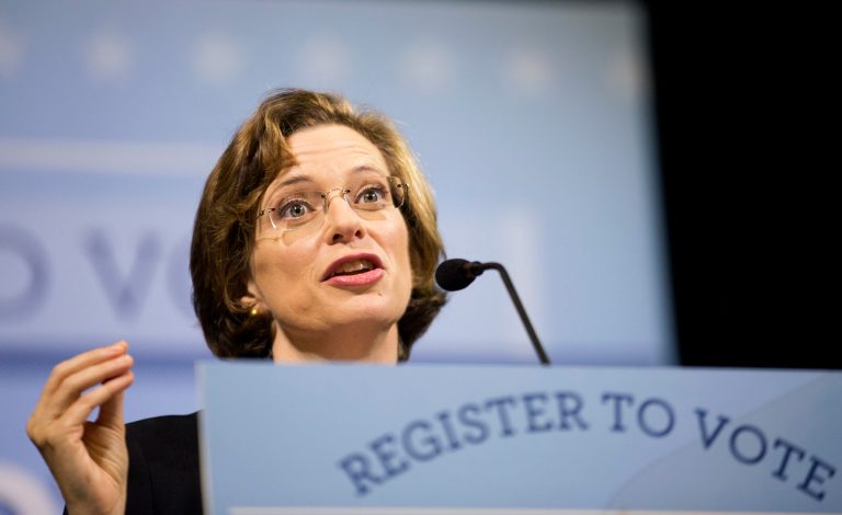 Democratic U.S. Senate candidate Michelle Nunn speaks at a voter registration rally, Monday, Sept. 8, 2014, in Atlanta. (AP Photo/David Goldman)