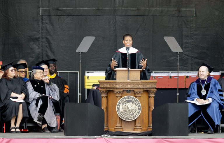 First lady Michelle Obama speaks after receiving an Honorary Degree of Doctor of Humanities from Oberlin College, Monday, May 25, 2015, in Oberlin, Ohio. (AP Photo/Tony Dejak)
