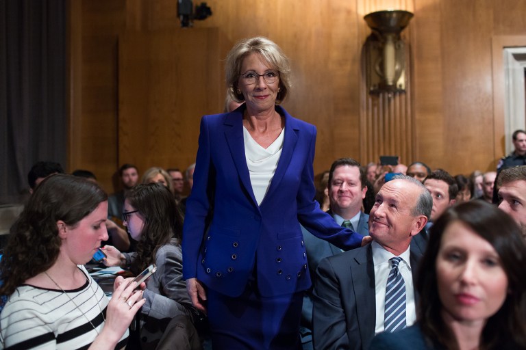 When pressed at the hearing about what her policy or position would be on certain issues, such as firearms in schools, DeVos deferred to the states to make their own decisions on what is best for their students. (Graeme Jennings/Examiner)