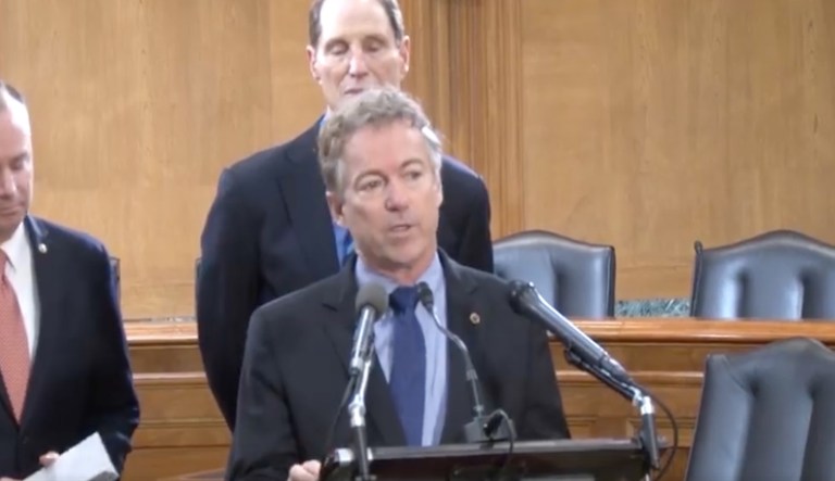Sens. Rand Paul, R-Ky., and Ron Wyden, D-Ore., gave a joint talk at George Washington University about the implication of mass surveillance and the eroding of the Fourth Amendment due to the War on Terror. (screenshot)