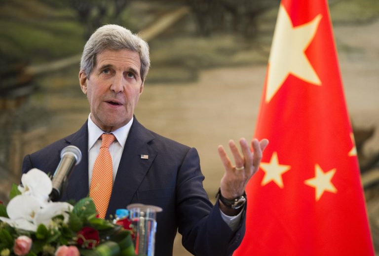 U.S. Secretary of State John Kerry speaks during a joint press conference following meetings with Chinese Foreign Minister Wang Yi at the Ministry of Foreign Affairs in Beijing, China, Saturday, May 16, 2015. (Saul Loeb/Pool Photo via AP)