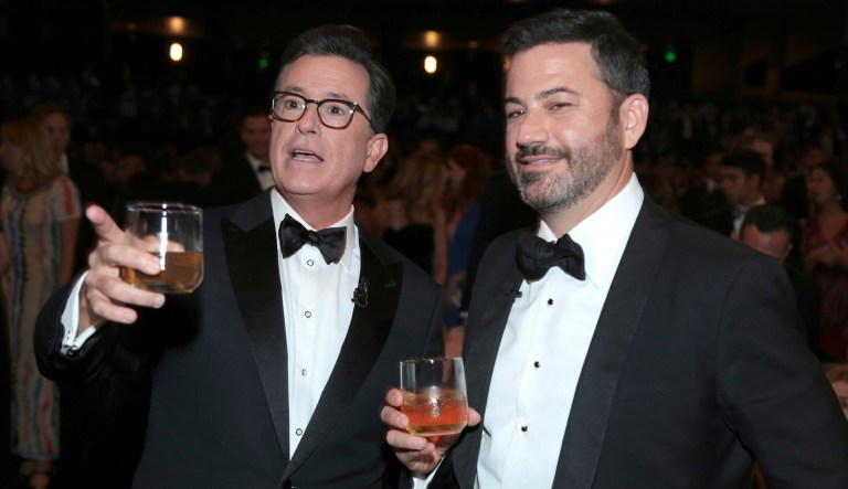 Late-night television hosts Stephen Colbert and Jimmy Kimmel have been poking fun at the Trump administration. (Photo by Alex Berliner/Invision for the Television Academy/AP Images)