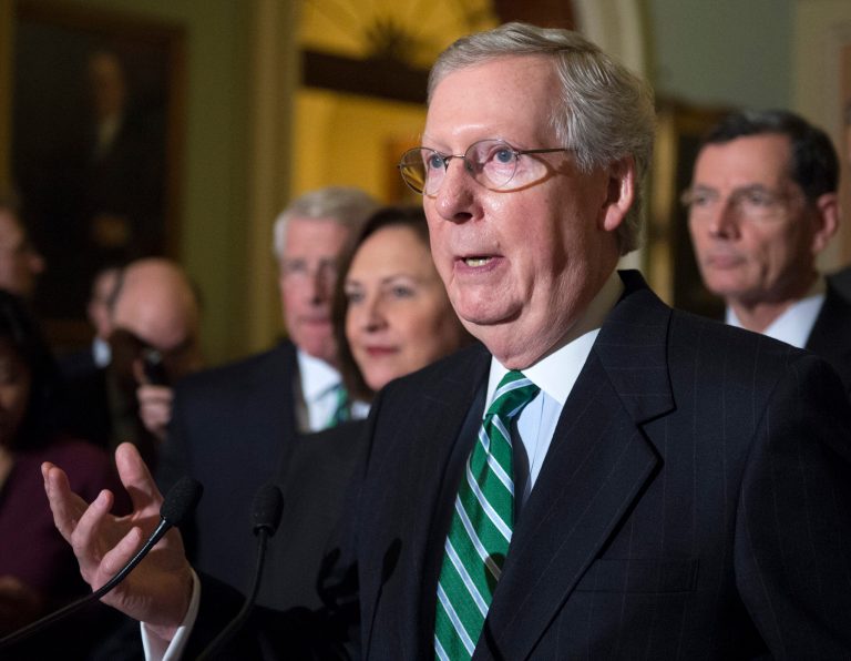 Senate Majority Leader Mitch McConnell of Kentucky speaks to reporters on Capitol Hill in Washington, Tuesday, March 17, 2015, following a policy luncheon. (AP Photo/Molly Riley)