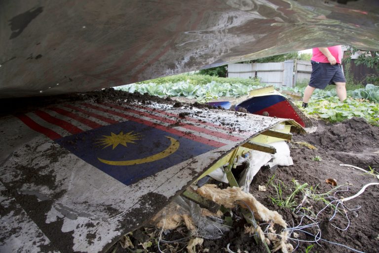 FILE - In this July 23, 2014 file photo, a man walks past a piece of the crashed Malaysia Airlines Flight 17 in a garden in the village of Petropavlivka, Donetsk region, eastern Ukraine. The remains of at least 15 Malaysians killed when the jetliner with 298 people on board was shot down over Ukraine on July 17 will be returned to their home country this week, the first Malaysian victims of the disaster to be flown home, the country's defense minister said Tuesday, Aug. 19, 2014. (AP Photo/Dmitry Lovetsky, File)