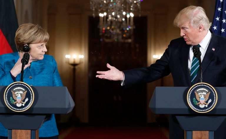 President Donald Trump and German Chancellor Angela Merkel participate in a joint news conference in the East Room of the White House in Washington, Friday, March 17, 2017. (AP Photo/Pablo Martinez Monsivais)