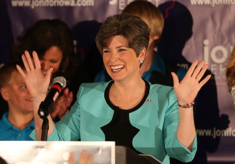 Joni Ernst delivers remarks at a victory celebration during a primary election night party on Tuesday in Des Moines. (AP Photo/The Des Moines Register, Charlie Litchfield)