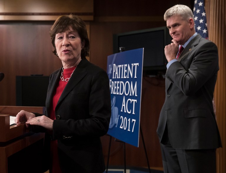 Sen. Susan Collins, R-Maine, accompanied by Sen. Bill Cassidy, R-La., speaks during a news conference in January to announce the Patient Freedom Act of 2017, a possible GOP replacement bill for the Affordable Care Act. (AP Photo/J. Scott Applewhite)