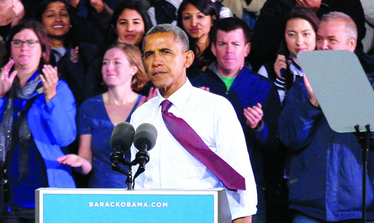 President Barak Obama addresses the crowd during a campaign stop in Milwaukee at the BMO Harris Pavilion on the Summerfest Grounds on Saturday afternoon, Sept. 22, 2012. (AP Photo/West Bend Daily News, John Ehlke)