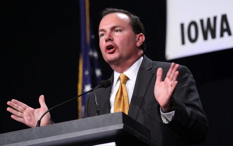 Sen. Mike Lee, R-Utah, speaks during the Iowa Faith and Freedom Coalition's banquet in Des Moines, Iowa, on Nov. 9. (AP Photo by Justin Hayworth)