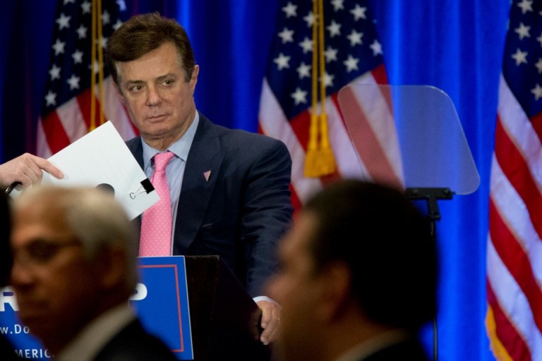 In this June 22, 2016 photo Paul Manafort appears on stage ahead of Republican presidential candidate Donald Trump, Wednesday, June 22, 2016, in New York.