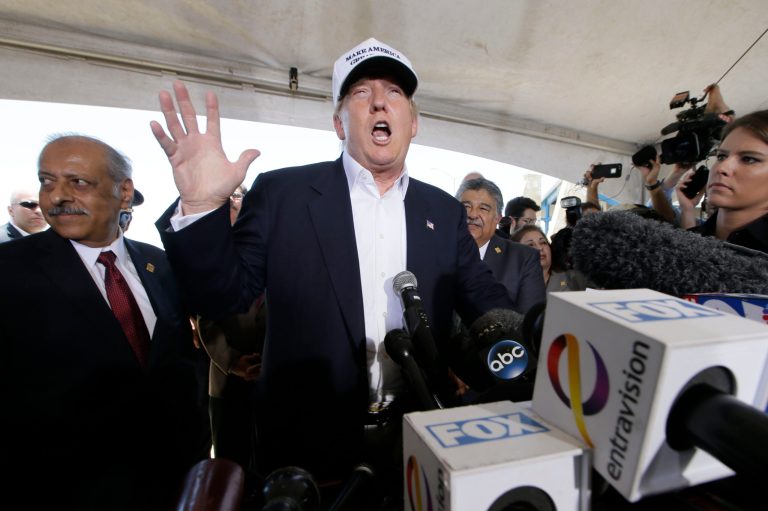 Republican presidential hopeful Donald Trump speaks to the media during a tour of the World Trade International Bridge at the U.S. Mexico border in Laredo, Texas, Thursday, July 23, 2015. (AP Photo/LM Otero)