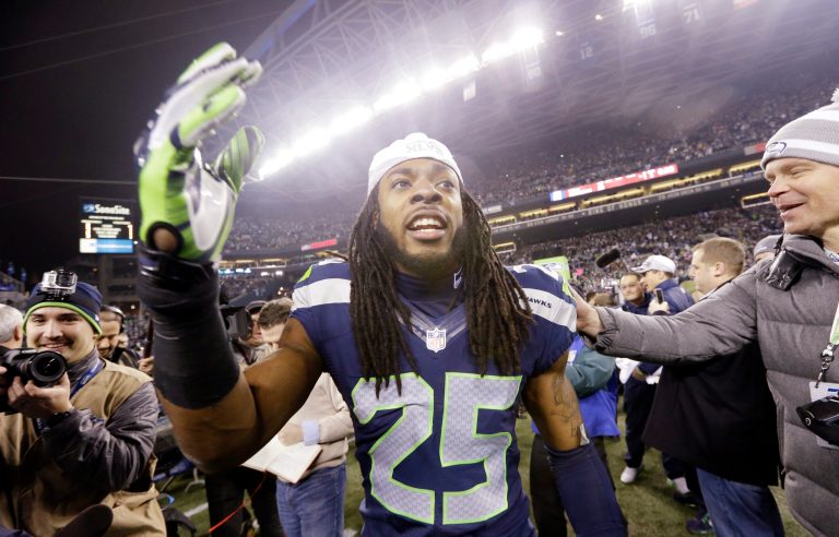 Seattle Seahawks' Richard Sherman reacts after the NFL football NFC Championship game Jan. 19 in Seattle. (AP Photo/Elaine Thompson)