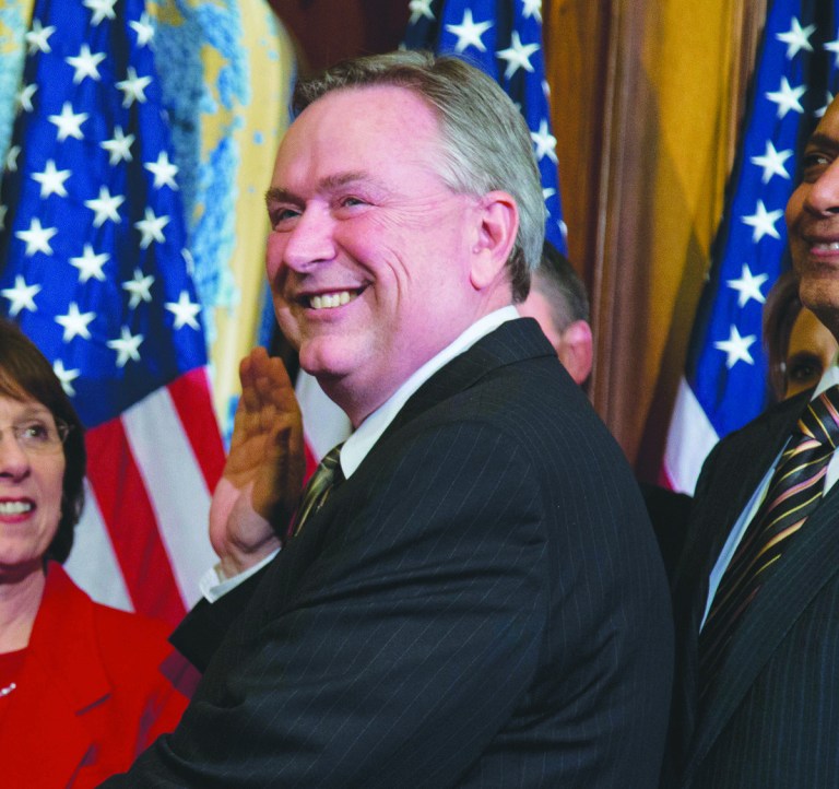Rep. Steve Stockman, R-Texas, second from right, participates in a mock swearing-in ceremony with Speaker of the House Rep. John Boehner, R-Ohio, for the 113th Congress on Thursday, Jan. 3, 2013 in Washington.  (AP Photo/ Evan Vucci)