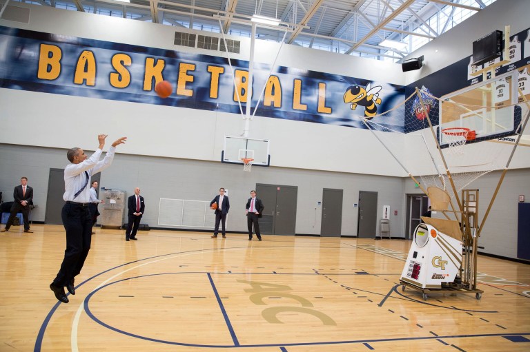 President Obama shoots some hoops at Georgia Tech in Atlanta after giving a speech. (Official White House Photo by Pete Souza)