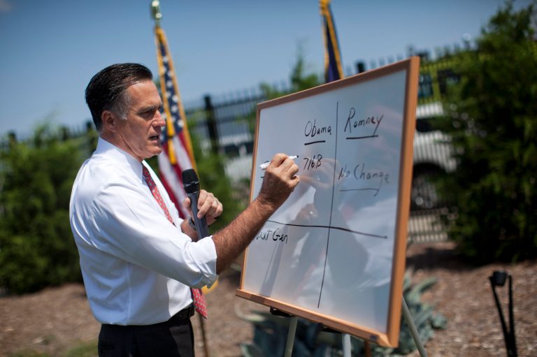 Republican presidential candidate. Mitt Romney writes on a white board as he talks about Medicare during a news conference in Greer, S.C. (AP Photo)