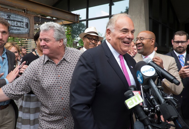 In this Thursday, Aug. 7, 2014 photo, U.S. Rep. Bob Brady, left, former Pennsylvania Gov. Ed Rendell, standing by the microphones, and Philadelphia Mayor Michael Nutter, second from right, appear at the Independence Beer Garden to kick off Philadelphia's final push for a winning bid to secure the 2016 Democratic Convention, in Philadelphia. (AP Photo/The Philadelphia Inquirer, Ed Hille) MAGS OUT; NEWARK OUT