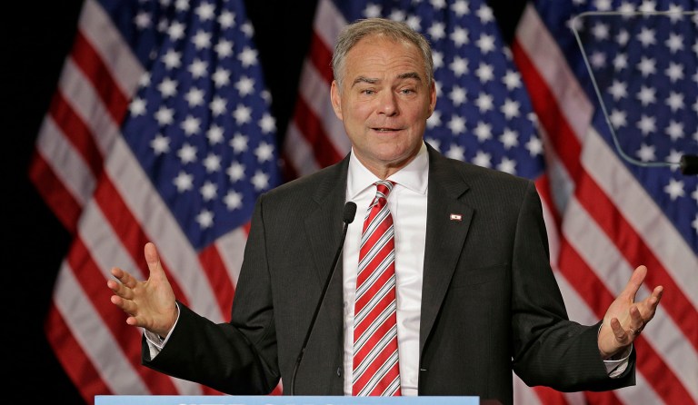 Sen. Tim Kaine's bishop threw cold water this week on Kaine's prediction that the Catholic Church would soon amend its position on same-sex marriage. (AP Photo/Chuck Burton)