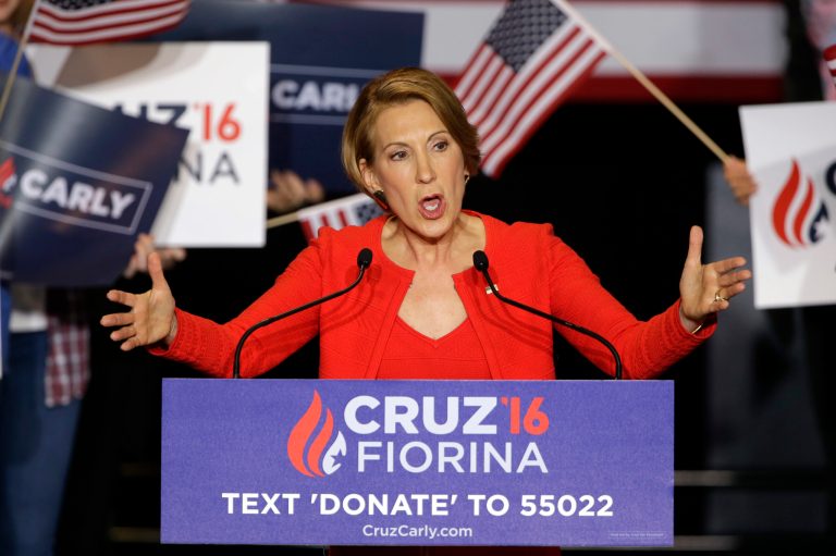 Former Hewlett-Packard CEO Carly Fiorina speaks during a rally for Republican presidential candidate Sen. Ted Cruz, R-Texas, in Indianapolis, Wednesday, April 27, 2016 Cruz chose Fiorina as his running mate. . (AP Photo/Michael Conroy)