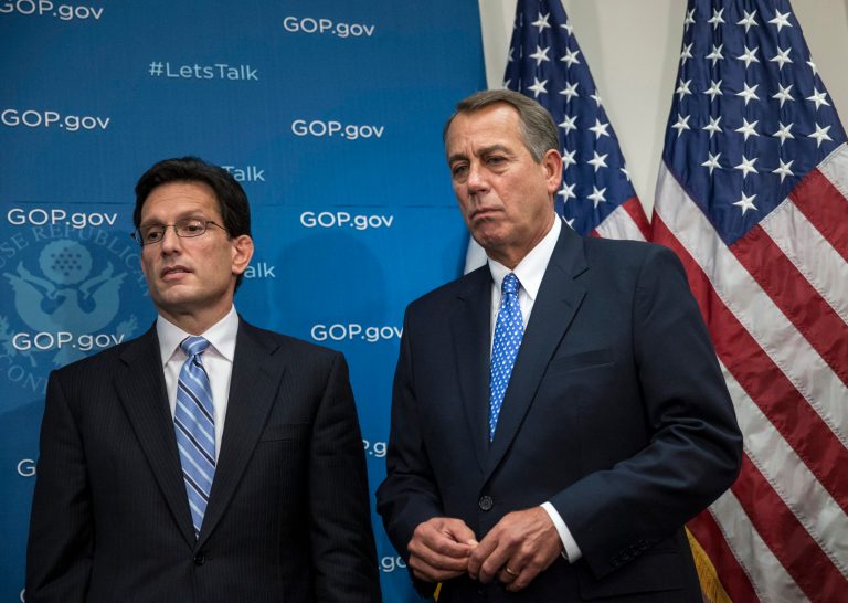 House Speaker John Boehner of Ohio, right, and House Majority Leader Eric Cantor of Va., left, face reporters during a news conference on Capitol Hill on Oct. 8, 2013. (AP/J. Scott Applewhite)