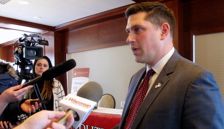 Wisconsin Republican Senate candidate Kevin Nicholson's parents contributed $2,700 to his Democratic opponent, incumbent Tammy Baldwin. (AP Photo/Scott Bauer)