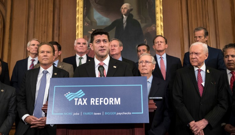 Speaker of the House Paul Ryan, R-Wis., and Senate Majority Leader Mitch McConnell, R-Ky., announce the Republicans' proposed rewrite of the tax code for individuals and corporations, at the Capitol in Washington, Wednesday, Sept. 27, 2017. President Donald Trump and congressional Republicans are writing a far-reaching, $5-trillion plan they say would simplify the tax system and nearly double the standard deduction used by most Americans. (AP Photo/J. Scott Applewhite)