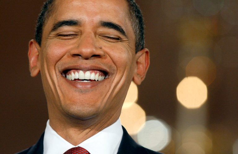 FILE - In this Feb. 9, 2009, file photo, President Barack Obama laughs during his first prime time televised news conference in the East Room of the White House in Washington.  Five years into his presidency, the verdict on Obama is: nice guy, so-so president. A new AP-GfK Poll finds that less than a third of Americans consider Obama to be an above-average president. But nearly twice as many find him likable. (AP Photo/Charles Dharapak, File)
