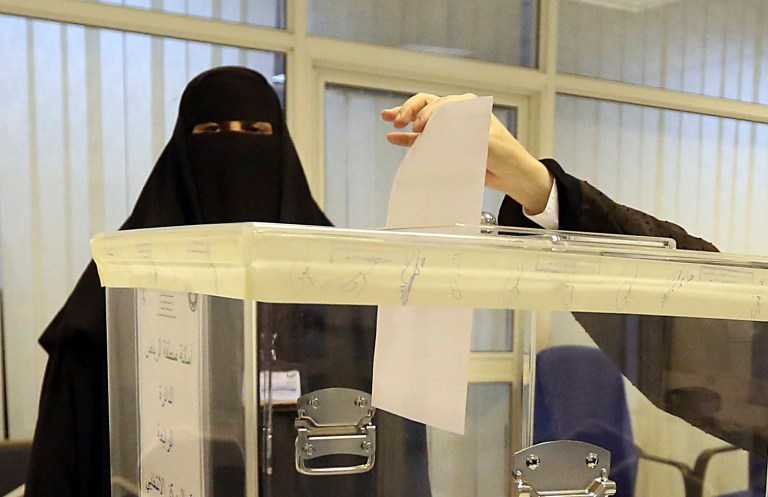 Saudi women vote at a polling center during the municipal elections in Saudi Arabia. (AP Photo/Aya Batrawy)
