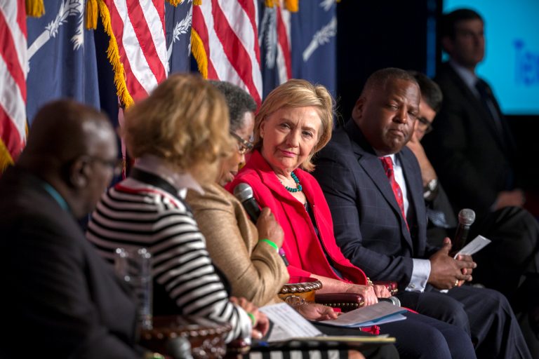 Democratic presidential hopeful Hillary Rodham Clinton reacts to questions from a panel of local mayors during a Hillary For American Discussion with Mayors and Local Official event, Thursday, July 23, 2015 in Columbia, S.C. (AP Photo/Stephen B. Morton)