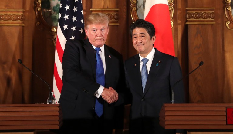 President Trump and Japanese Prime Minister Shinzo Abe during a joint news conference at the Akasaka Palace in Tokyo. Trump is on a five-country trip through Asia traveling to Japan, South Korea, China, Vietnam and the Philippines.