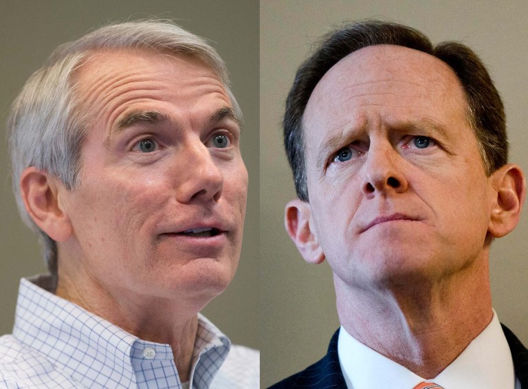 Republican Sens. Rob Portman of Ohio and Pat Toomey of Pennsylvania both find themselves in tight battles for re-election against Democratic challengers, according to a new poll. (AP Photos)