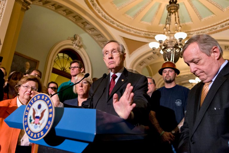 Senate Majority Leader Harry Reid of Nev., center, accompanied by Senate Democratic leaders, speaks to reporters on Capitol Hill in Washington, Thursday, Aug. 1, 2013, after Senate Republicans killed a $54 billion funding bill for transportation, housing and community development grants because it exceeded the punishing spending limits required under automatic budget cuts that are the product of Washington's failure to deal with its fiscal problems. From left are, Senate Appropriations Committee Chair Sen. Barbara Mikulski, D-Md.,  Senate Budget Committee Chair Sen. Patty Murray, D-Wash., Reid, D-Nev., and Senate Majority Whip Richard Durbin of Ill.(AP Photo/J. Scott Applewhite)