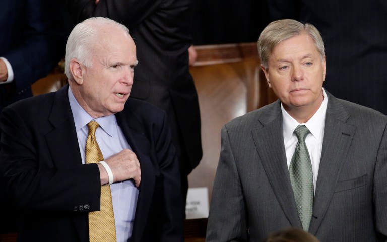 Sens. John McCain and Lindsey Graham, both Republicans, said a U.S.-led coalition should ground the Syrian air force by shooting airplanes out of the sky and bombing airfields. (AP Photo/Pablo Martinez Monsivais)