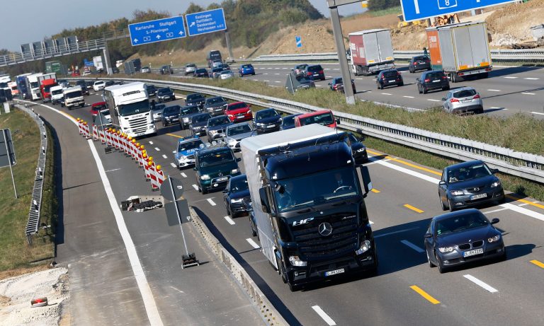 Estes Express Lines was busted for violating emission rules for big-rig trucks and buses. (AP Photo/Matthias Schrader)