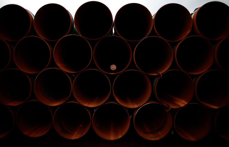 Pipe is stacked at the southern site of the Keystone XL pipeline on March 22, 2012 in Cushing, Okla. (Photo by Tom Pennington/Getty images)