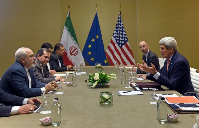 Secretary of State John Kerry, right, during official talks with Iranian Foreign Minister Mohammad Javad Zarif, left, in Geneva, Switzerland, Saturday, May 30, 2015. (AP Photo/Susan Walsh, Pool)
