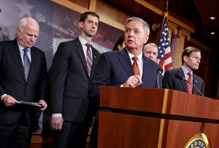Sen. Lindsey Graham, R-S.C., center. from left, Senate Armed Services Committee Chairman John McCain, R-Ariz., Sen. Tom Cotton, R-Ark., Sen. Dan Sullivan, R-Alaska, and Sen. Richard Blumenthal, D-Conn.Â Forty-two percent of Americans say it was inappropriate for the 47 Senate Republicans to send a letter to Iran's leaders.Â (AP Photo/J. Scott Applewhite)