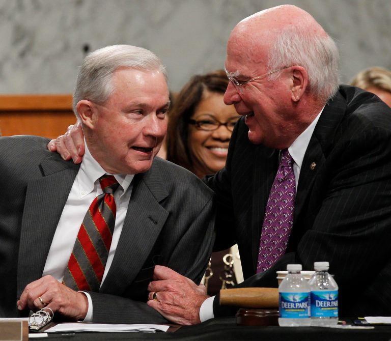 Senate Judiciary Committee Chairman Patrick Leahy, D-Vt., right , and the committee's ranking Republican Sen. Jeff Sessions, R-Ala., engage in a light-hearted moment during a business meeting of the committee on Capitol Hill in Washington Tuesday, July 13, 2010. (AP Photo/Alex Brandon)