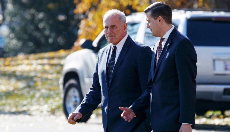 White House chief of staff John Kelly walks with former White House staff secretary Rob Porter on the South Lawn of the White House. After Porter resigned last week, internal dissatisfaction with Kelly's leadership appears to be growing. (AP Photo/Evan Vucci)