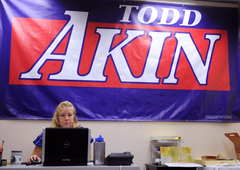 Alaina Carnan of Lexington, Ky., works in the Senate campaign office of U.S. Rep. Todd Akin, R-Mo., Tuesday, Aug. 21, 2012 in Chesterfield, Mo. Akin has come under pressure to abandon his Senate compaign after his comments that women's bodies can prevent pregnancies in cases of 