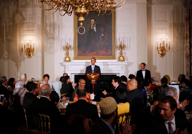 President Obama speaks as he hosts an Iftar dinner, which celebrates the breaking of fast during the Muslim holy month of Ramadan in the State Dining Room at the White House in Washington, Monday. (AP/Charles Dharapak)