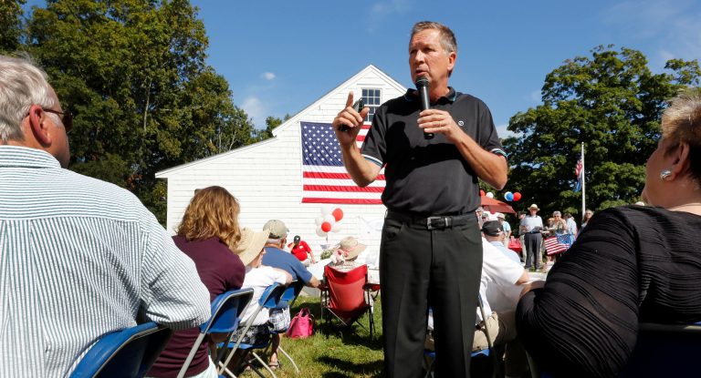 Republican presidential candidate Gov. John Kasich, R-Ohio, speaks at the annual Seacoast Republican Women's chili festival, Saturday, in Stratham, N.H. (AP Photo/Jim Cole)